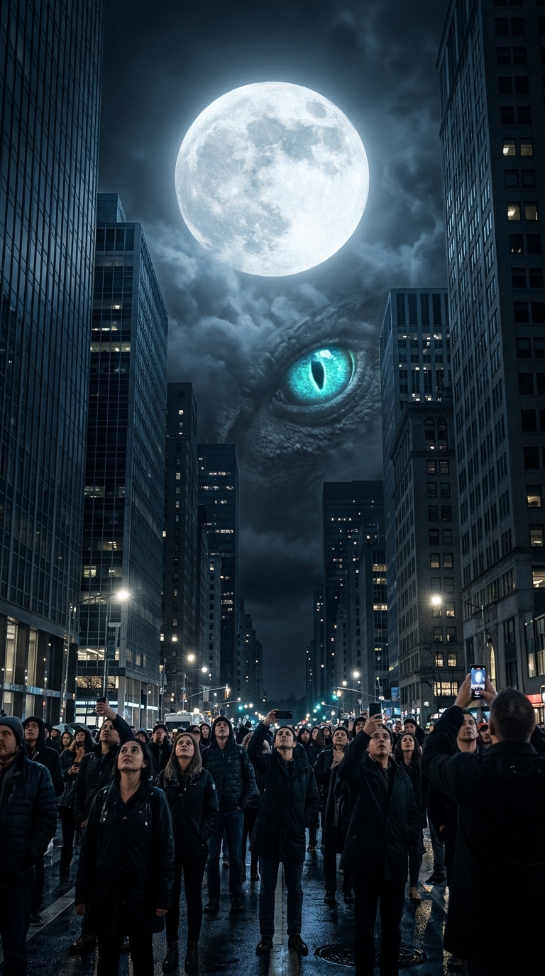 AI image of a crowded night city street where the moon reveals a glowing eye